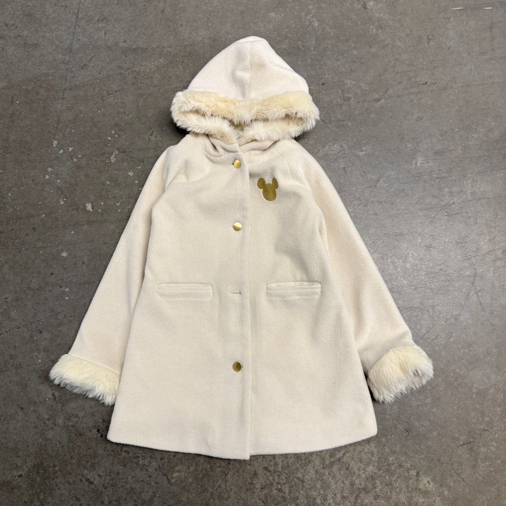 Disney Mickey Mouse Cream‎ Faux Fur Trim Hooded Coat Gold Button Women Small